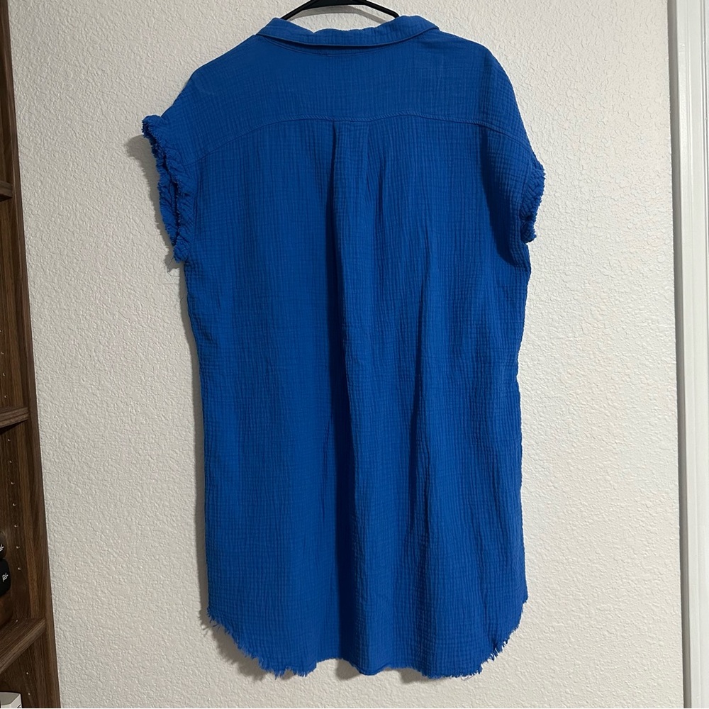 Blue Crinkle Shirt Dress Button down raw fringe hem 100% cotton Beach Vacay Pool - Picture 6 of 6